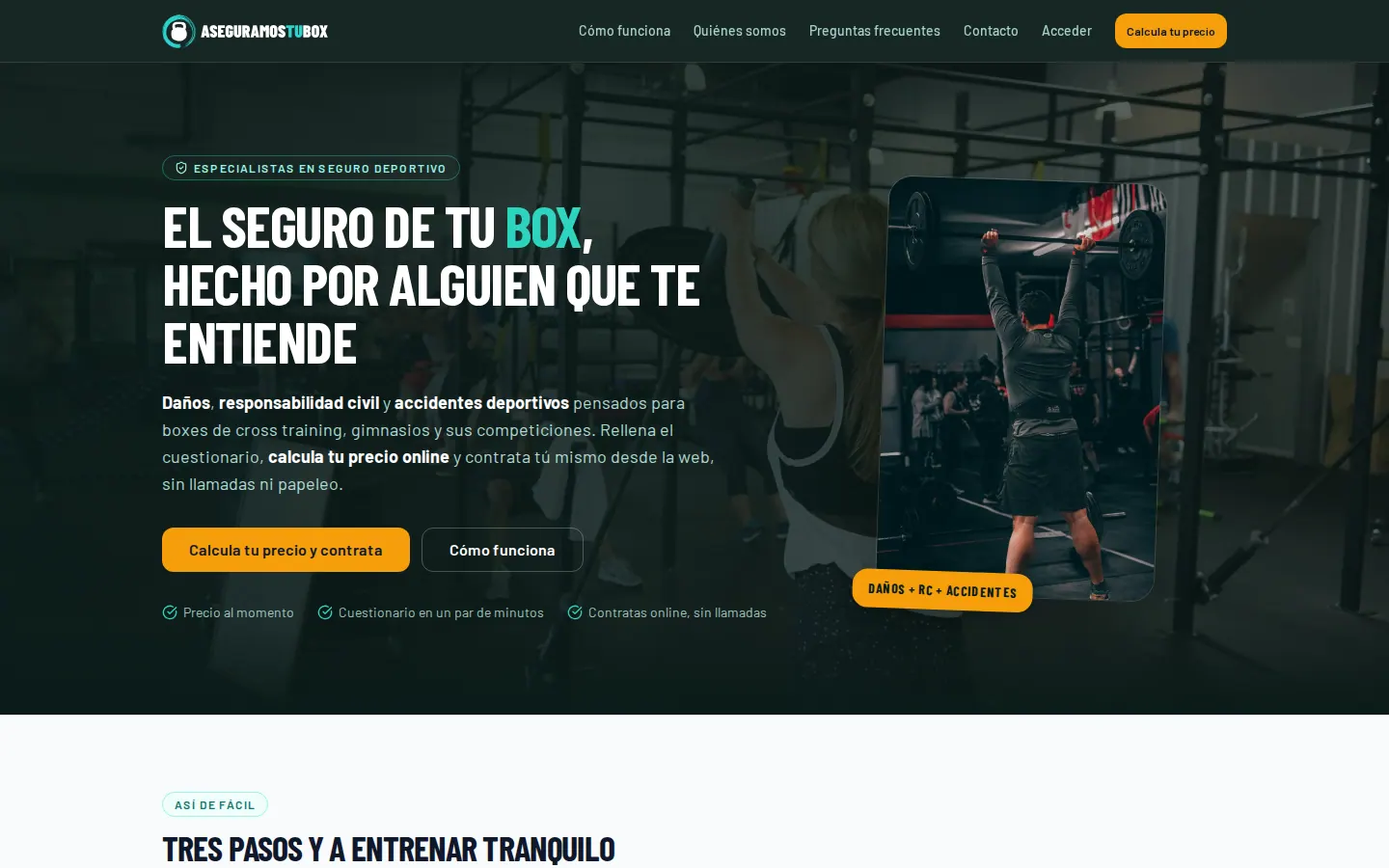 Pantalla de AseguramosTuBox, el seguro online para boxes y gimnasios (vista de escritorio)