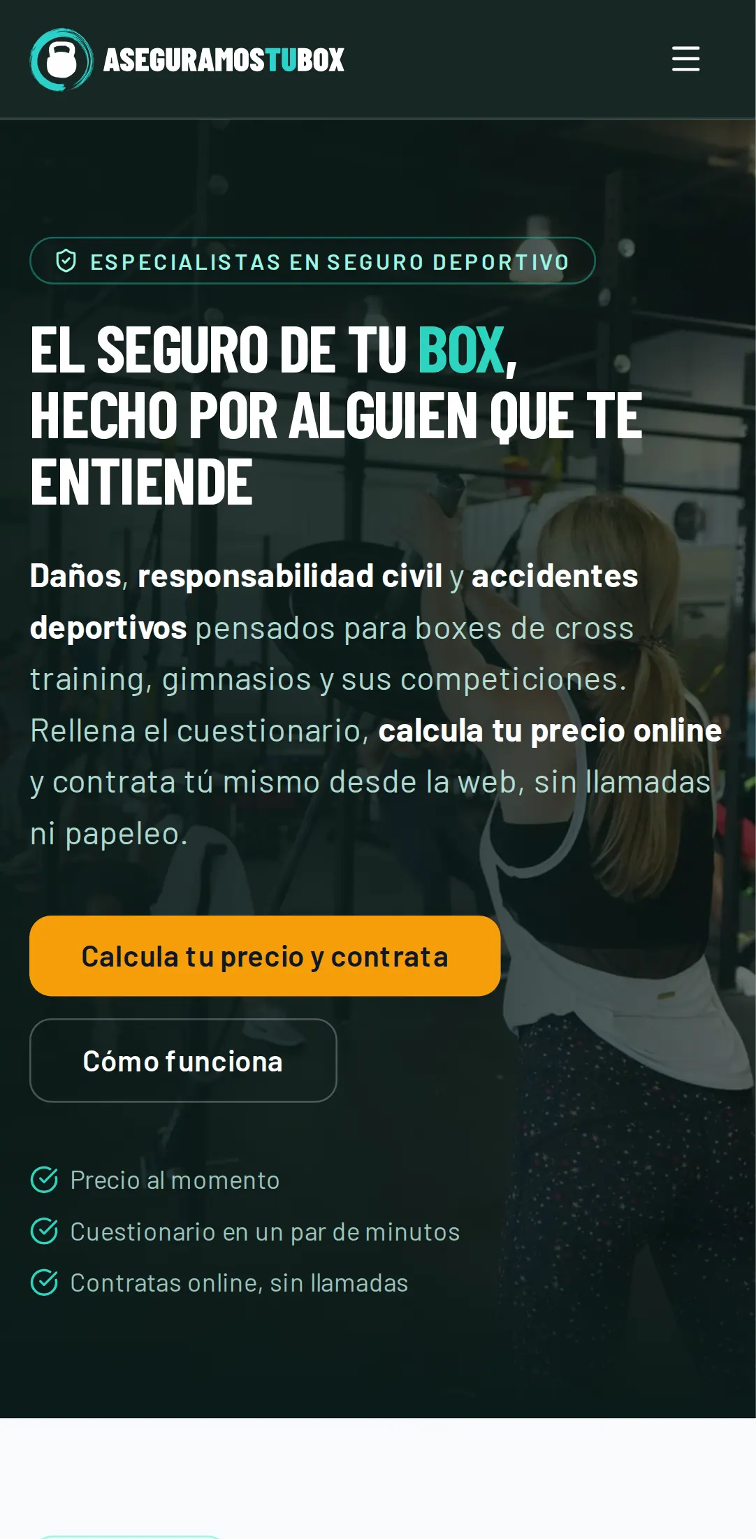 Pantalla de AseguramosTuBox, el seguro online para boxes y gimnasios (vista móvil)