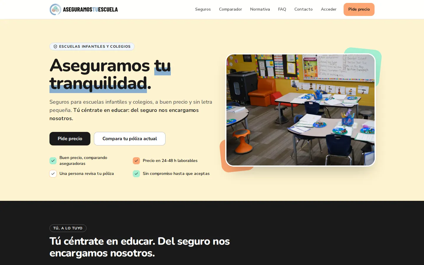 Pantalla de AseguramosTuEscuela, seguros para escuelas infantiles y colegios (vista de escritorio)