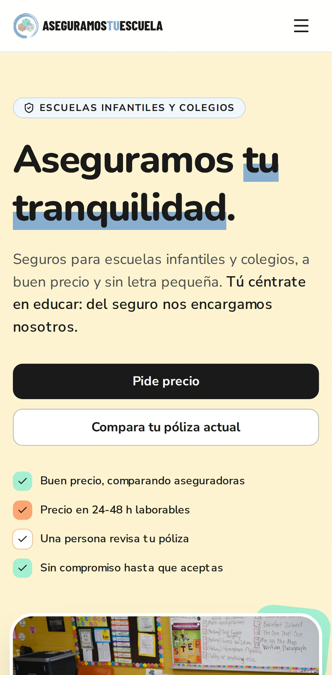 Pantalla de AseguramosTuEscuela, seguros para escuelas infantiles y colegios (vista móvil)
