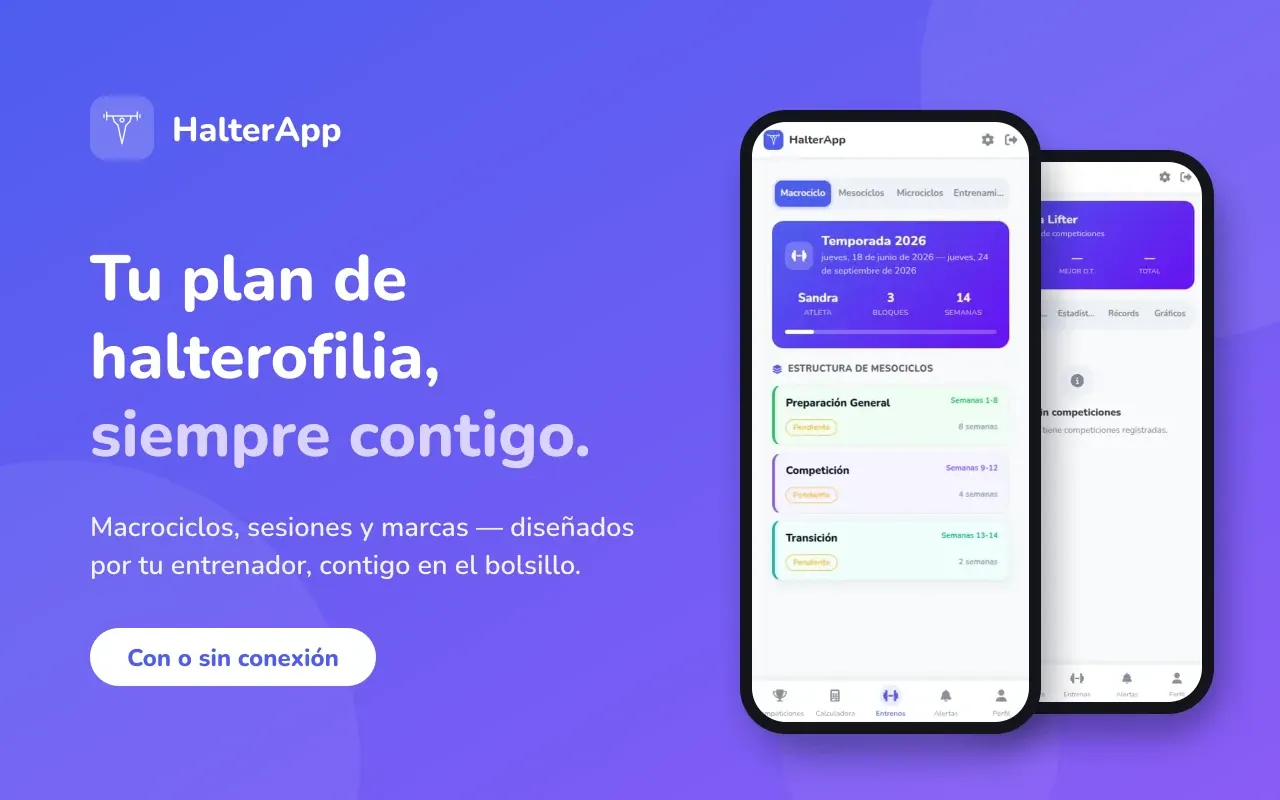 Pantalla de HalterApp, la plataforma de competiciones de halterofilia (vista de escritorio)