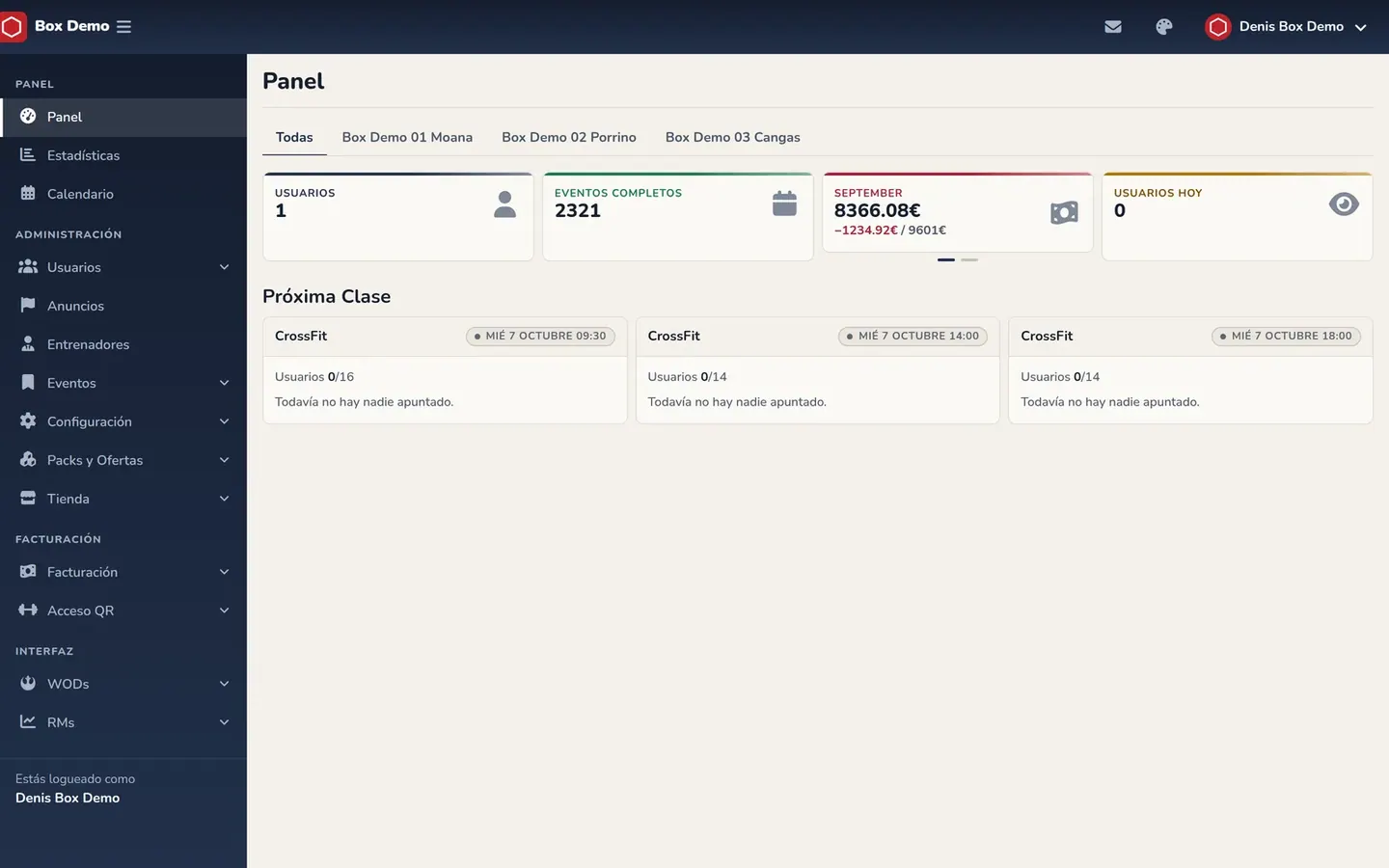 Panel de administración de RoninBox y calendario de la app del socio, con datos de demostración (vista de escritorio)