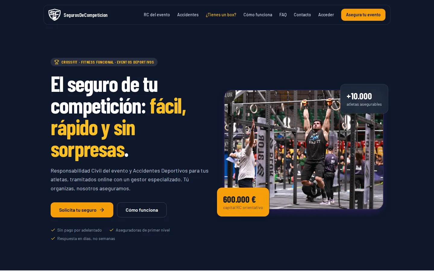 Pantalla de SegurosDeCompetición, el seguro online para organizadores de competiciones (vista de escritorio)