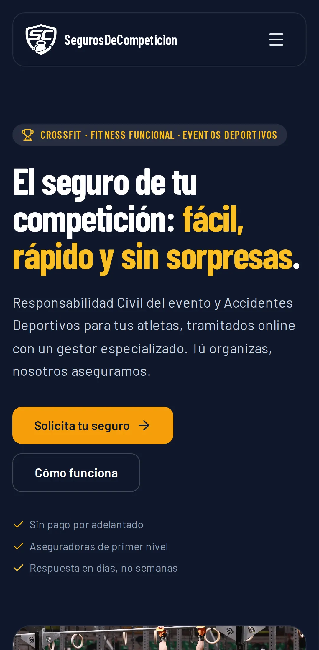 Pantalla de SegurosDeCompetición, el seguro online para organizadores de competiciones (vista móvil)